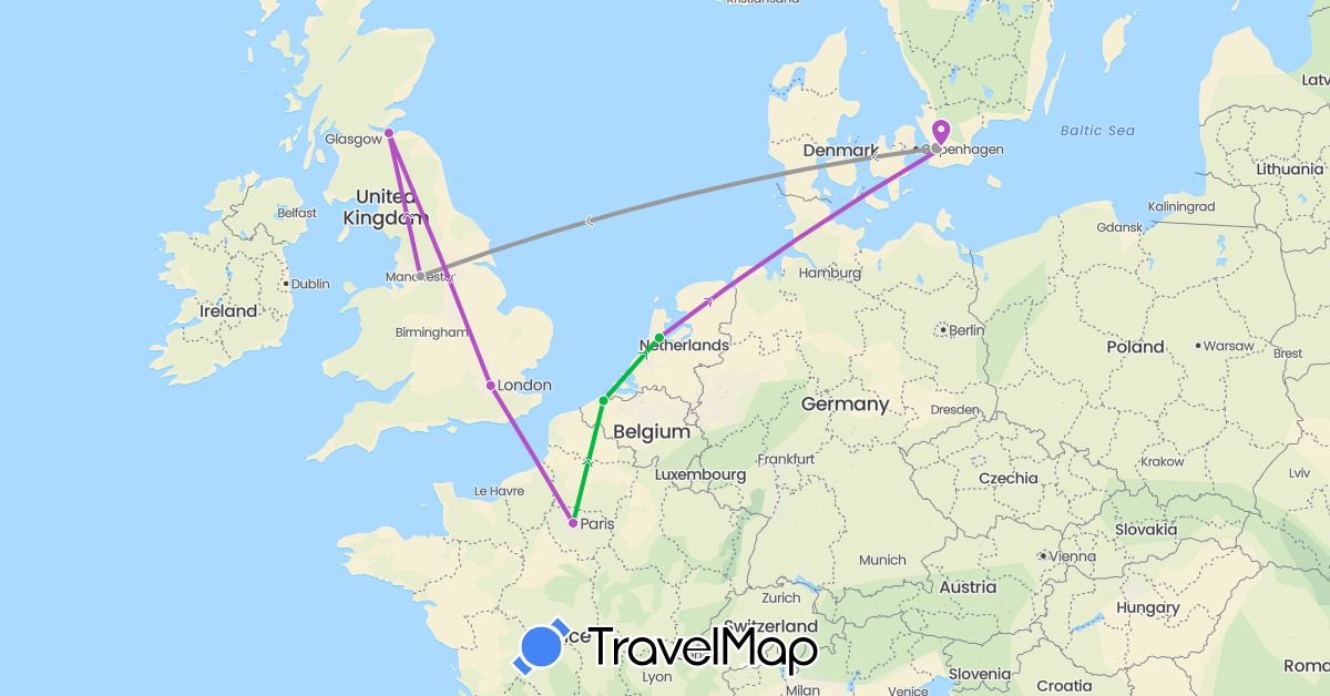 TravelMap itinerary: driving, bus, plane, train in Belgium, France, United Kingdom, Netherlands, Sweden (Europe)